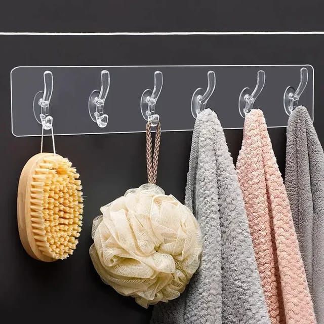 Plastic Adhesive 6 Hook Sticker Patti – Self-Adhesive Wall Mounted Hooks for Kitchen, Bathroom & Home Use
