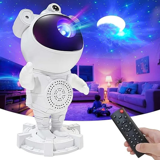 Sky Moon Galaxy Astronaut Projector with RGB LED lights, Bluetooth speaker, and remote control projecting stars and galaxies in a room
