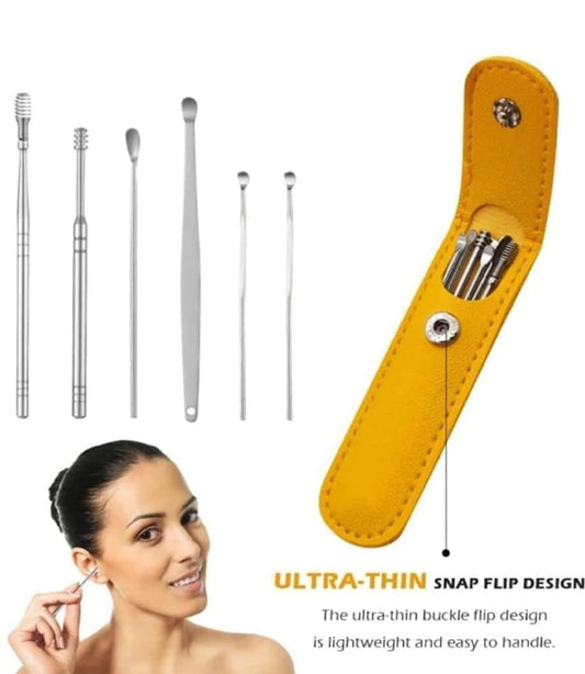 Stainless steel ear wax cleaning tools set with spring curette and leather storage pouch
