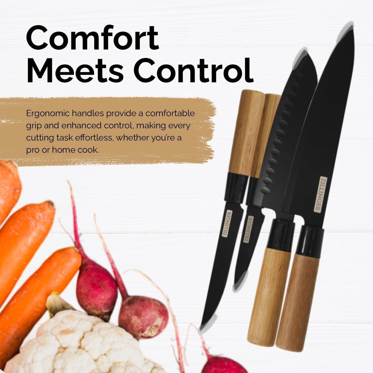 4Pcs Japanese Zillinger Knife Set – High Carbon Stainless Steel Kitchen Knives with Ergonomic Handles