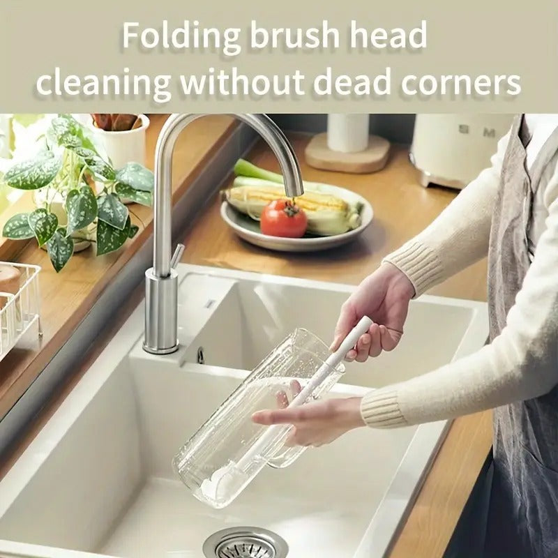 1pc Soft Silicone Bottle Brush – Long Handle Foldable Cleaning Brush for Kitchen, Bathroom, Living Room & Outdoor Use